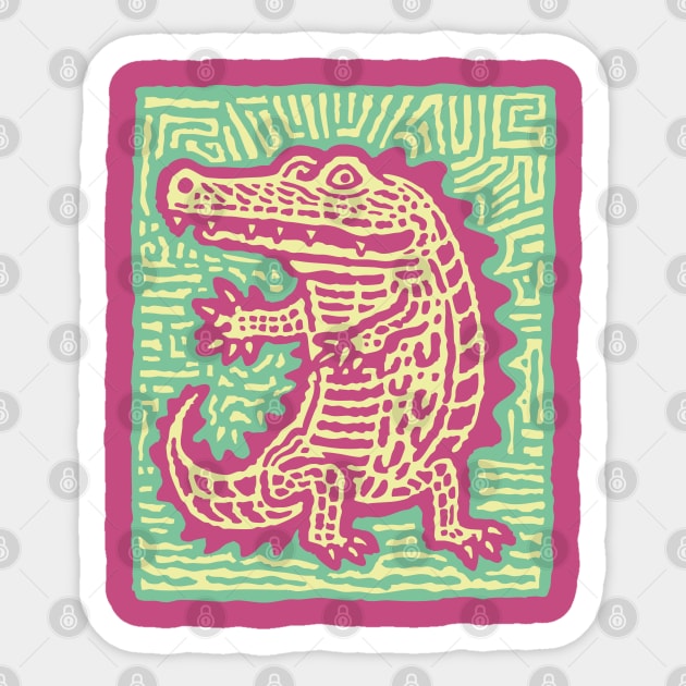 Alligator Block Print T-Shirt | Tribal Crocodile Linocut Sticker by TuncGK